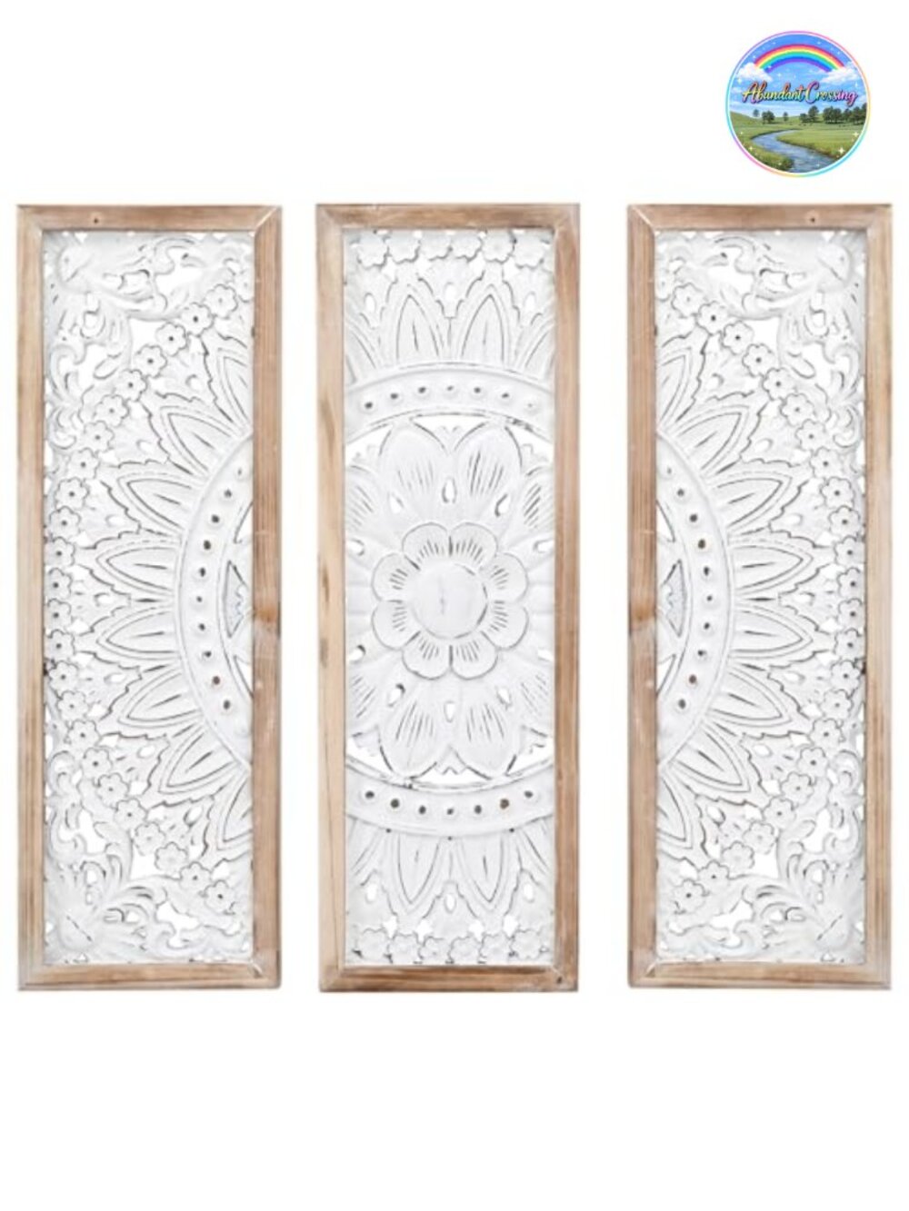 Set of 3 Carved Floral Wall Decor Panels, White Boho Farmhouse Hanging Art, 24